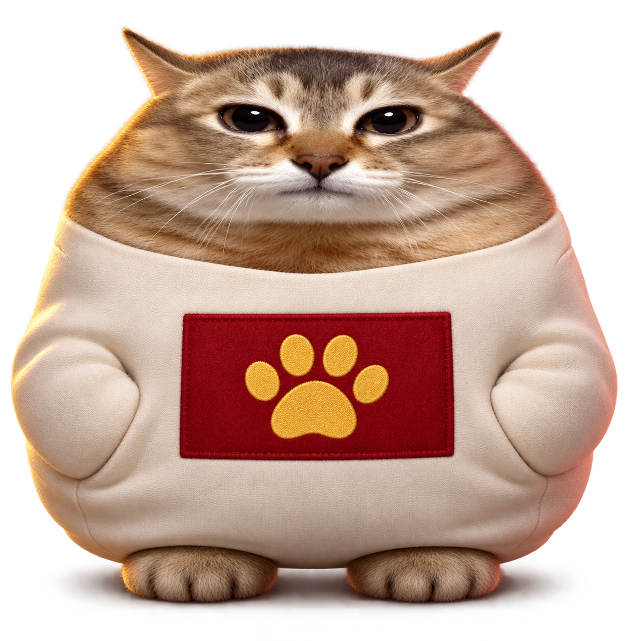 Crispy Cat in a cream outfit with a golden paw emblem